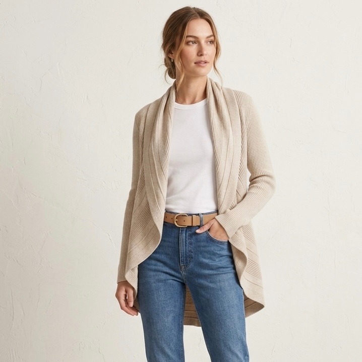 White House Black Market Beige Ribbed Open Front Waterfall Cardigan Wool Blend L